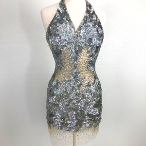 Jovani Silver Sequin & Nude Cocktail Dress